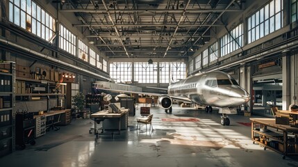 creative workspace in a refurbished airplane hangar, featuring high ceilings, industrial accents, and plenty of natural light