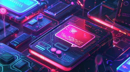 Futuristic Circuit Board with Neon Lights at Night