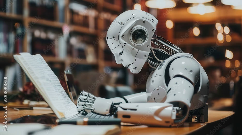 Leinwandbilder an artificial intelligence robot sits at a desk in a library, typing on a laptop, with a book open i
