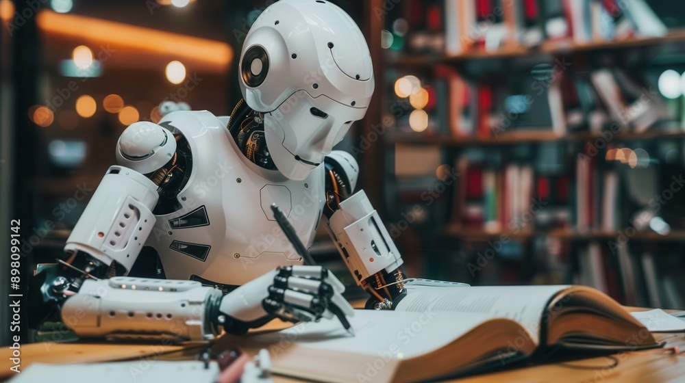Poster A white robot sits at a desk and writes in a large open book. The robot is surrounded by bookshelves filled with books. Generative AI