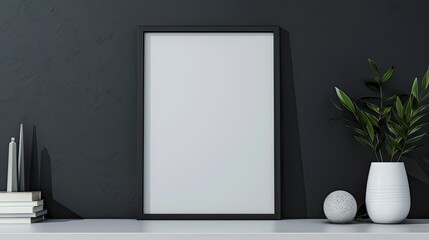 Living room interior design with black empty photo frame on white table with book beside it and flower pot decoration and black background