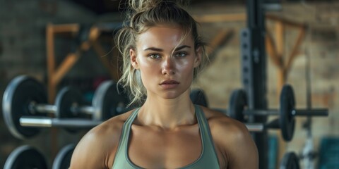 Obraz premium A woman is posing in a gym with a green tank top on. She has a serious expression on her face