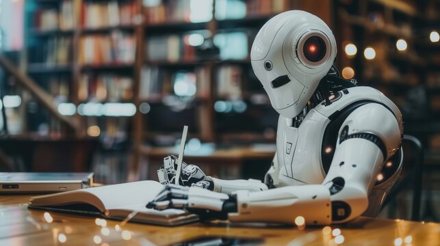 A white robot with a red eye sits at a table in a library and writes in a notebook with a pen. Generative AI