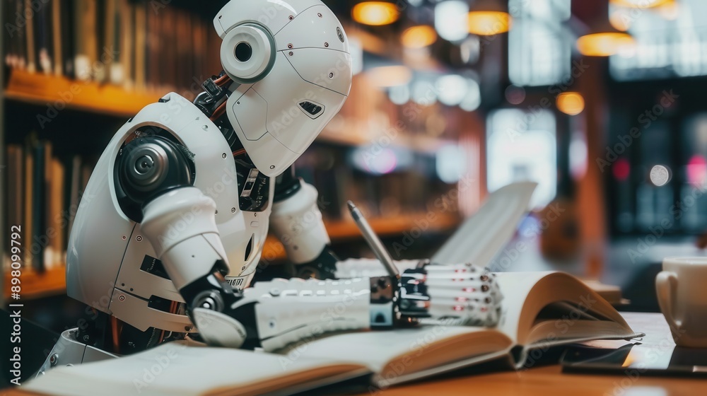 Leinwandbilder a white robot sits at a table in a library, intently writing in a large, open book. generative ai