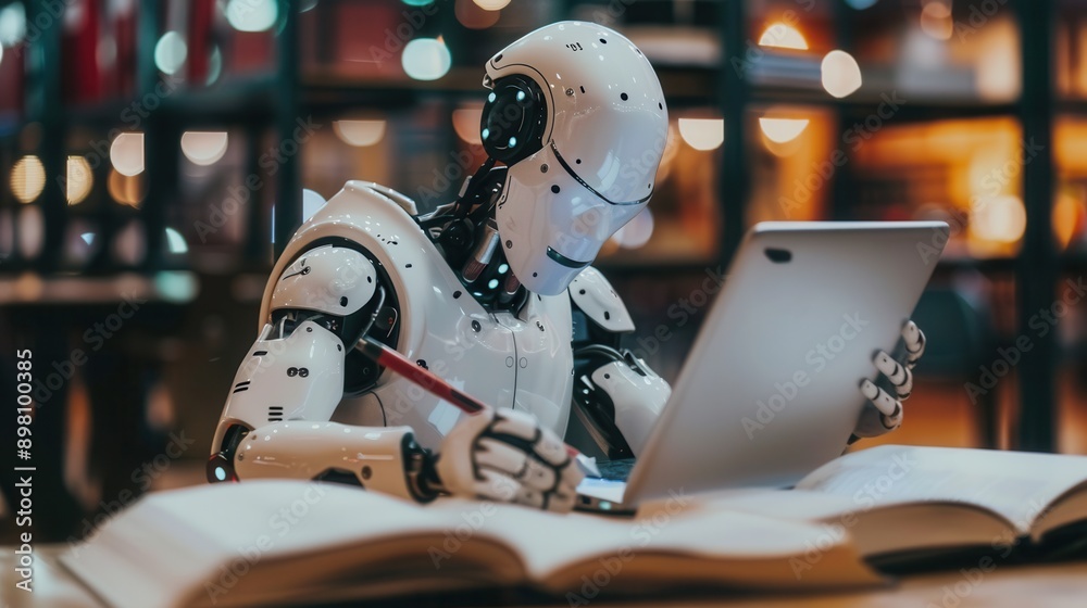 Fototapete a white humanoid robot sits at a desk in a library, working on a laptop and taking notes with a penc