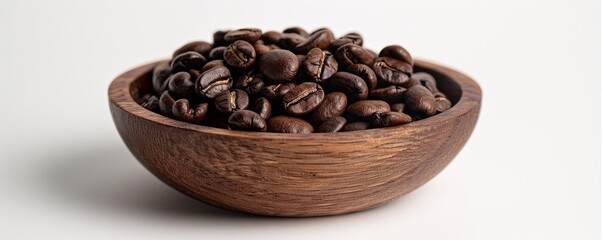 Fototapeta premium Roasted coffee beans in a wooden bowl isolated on white background.