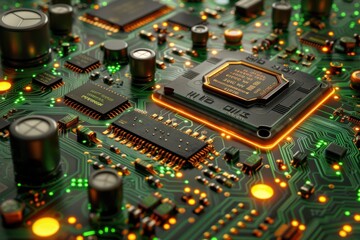 A close-up of a detailed circuit board with green pathways and glowing orange lights.