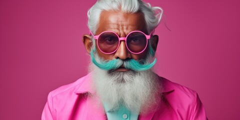 An elderly man with a large beard and colorful glasses, wearing pink against a vibrant pink background. His expression is outspoken and confident.