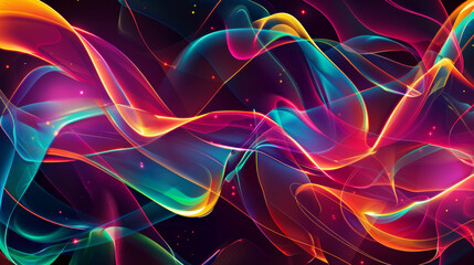 Obraz premium Colorful abstract shapes and curvy neon lines glow against a dark background, creating an energy-filled futuristic scene.