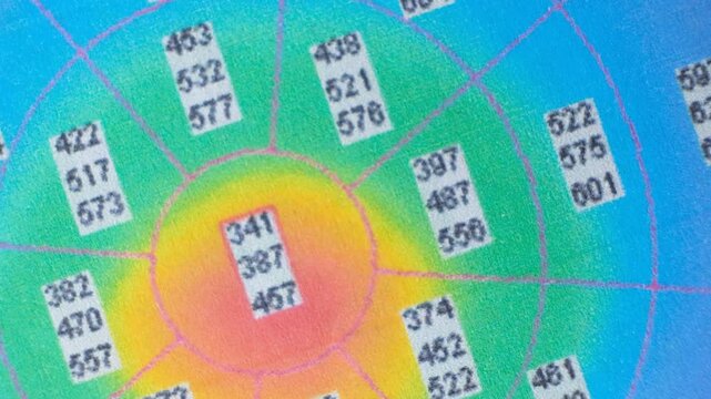 Results of the examination of the thickness and curvature of the cornea in a patient with keratoconus.