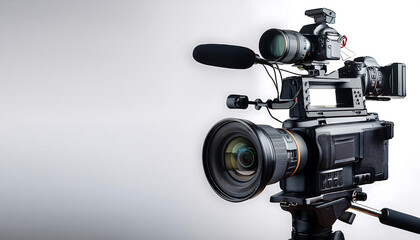 Camera equipment setup in a studio on white background
