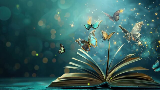 World book day. An open book with a fantasy background and butterflies flying around, light blue background. International literacy day. Reading book. Back to school. Happy Book Day. Copy space area