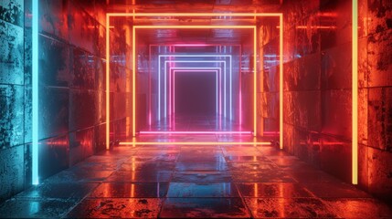 Grunge style corridor with vibrant neon lights in abstract background