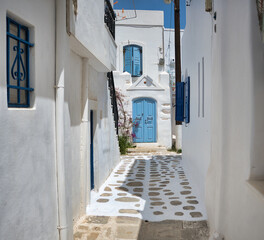 picturesque street of parikia village in paros