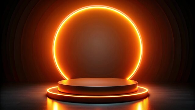 A circular orange neon podium with a halo effect, set against a dark, illuminated backdrop with minimalistic design elements, ideal for a modern and stylish presentation.