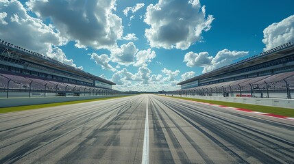 Empty race track with tire marks.