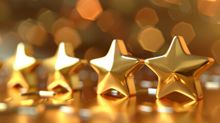 Customer satisfaction review service awards five gold stars for best quality. This symbol signifies excellent service and product evaluation on a 3D golden background.