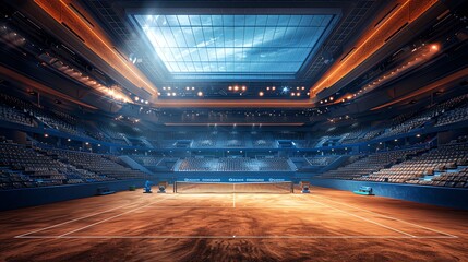 Empty Tennis Court in Modern Stadium.
