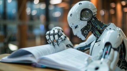 A white robot with a sleek, modern design reads a book in a contemporary office setting. Generative AI