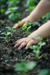 Hands in dirt, young child participating in agriculture