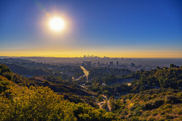 Sunrise at Jerome C. Daniel Overlook with Hollywood downtown and Los Angeles skyline