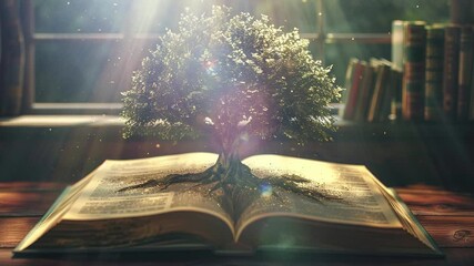 World book day. An open book with an enchanted tree growing from its pages. International literacy day. Reading book. Back to school. Happy Book Day. Education and science. Copy space area for text