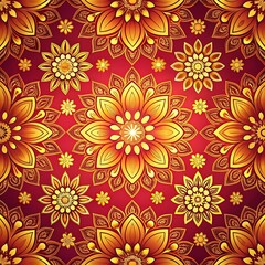 Golden Floral Pattern on Red Background.