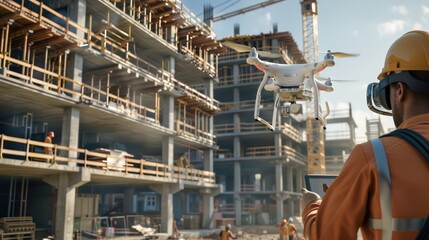 Fototapeta premium digital construction site with engineers using drones and AR glasses to oversee building progress and ensure precision