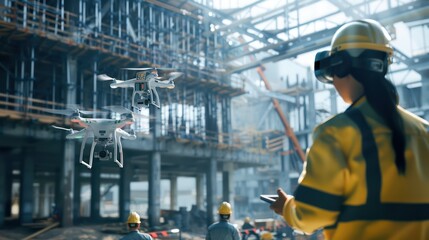 Fototapeta premium digital construction site with engineers using drones and AR glasses to oversee building progress and ensure precision