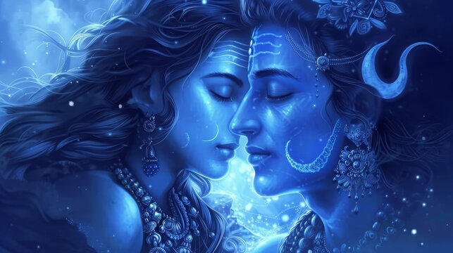 An illustration in which the blue-skinned Lord Shiva touches his face with the beautiful face of goddess Parvati.