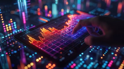 Isometric 3D illustration of a glowing financial chart on a tablet held by a hand. The vibrant colors and lights of the graph against a dark background create a striking visual, ideal for content