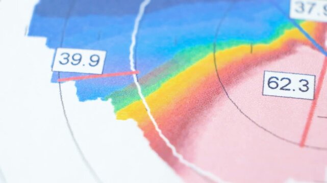 Results of the examination of the thickness and curvature of the cornea in a patient with keratoconus.