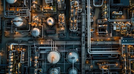 Fototapeta premium Aerial perspective of oil refineries and chemical plants, highlighting the extensive layout and infrastructure in an industrial area with this inviting photo.