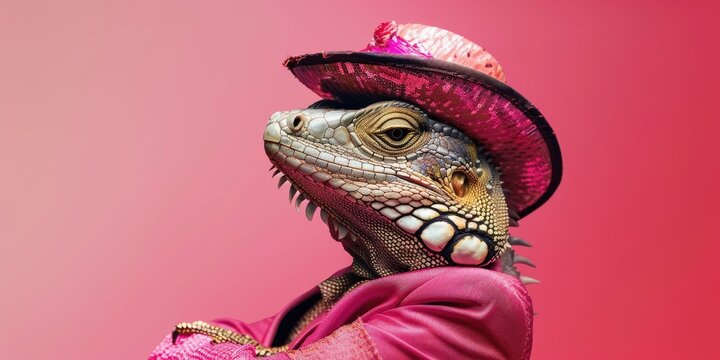 Lizard wearing pink hat and suit