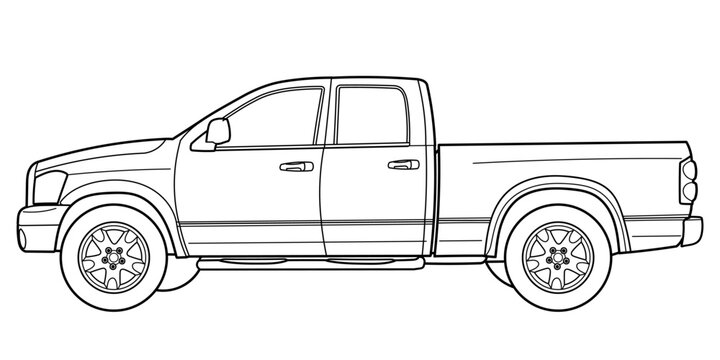 Ivano-Frankivsk, Ukraine - 25 July 2023: Outline drawing of a Dodge Ram 3 generation is a full-size pickup truck, side view. Vector doodle illustration, design for coloring book or print