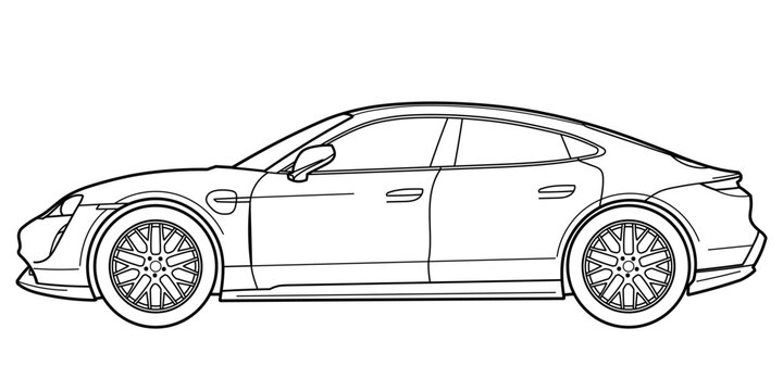 Ivano-Frankivsk, Ukraine - 25 July 2024: Outline drawing of a Porsche Taycan is a battery electric luxury sports sedan, side view. Outline doodle vector illustration.