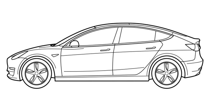 Ivano-Frankivsk, Ukraine - 25 July 2024: Outline drawing of a Tesla Model 3 is a battery electric mid-size sedan with a fastback body style built by Tesla, side view. Vector doodle illustration