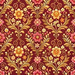 Fototapeta premium Seamless Floral Pattern with Golden Foliage and Red Background.