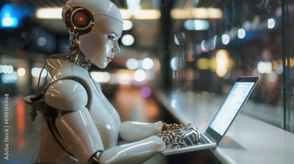 Poster A humanoid robot is sitting at a table, typing on a laptop computer. The robot is white with metallic accents and is wearing a silver necklace. Generative AI