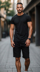 Fototapeta premium Muscular young man street portrait in black t-shirt, healthy fit gentleman walking