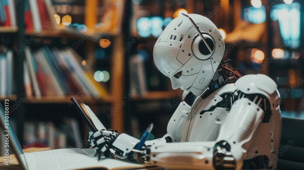 Leinwandbilder a humanoid robot sits at a desk in a library, writing in a notebook. generative ai