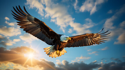 Obraz premium Majestic Eagle Soaring High in the Clear Blue Sky : A Display of Freedom and Dominance