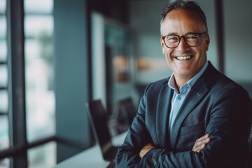 Fototapeta premium Close-up of a joyful business professional wearing glasses, standing confidently in a modern office setting with a smile. Perfect for corporate and business use. Generative AI