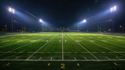 Football field illuminated by stadium lights, showcasing the vibrant atmosphere of a night game with this inviting photo.
