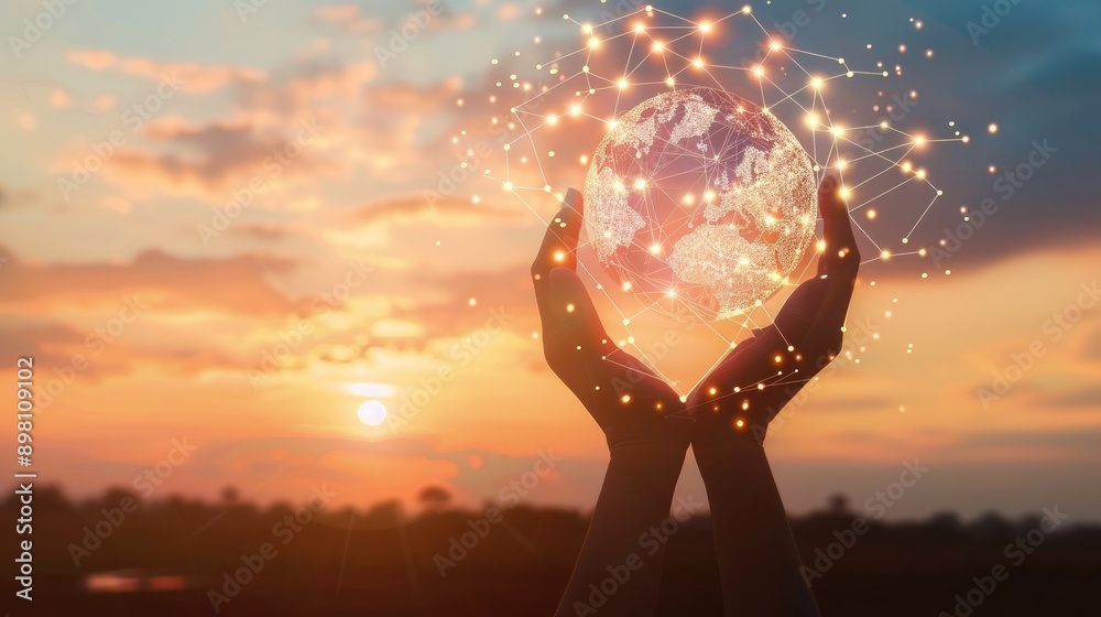 Poster global network connection and a globe in hands on sunset background, representing the unity of globa