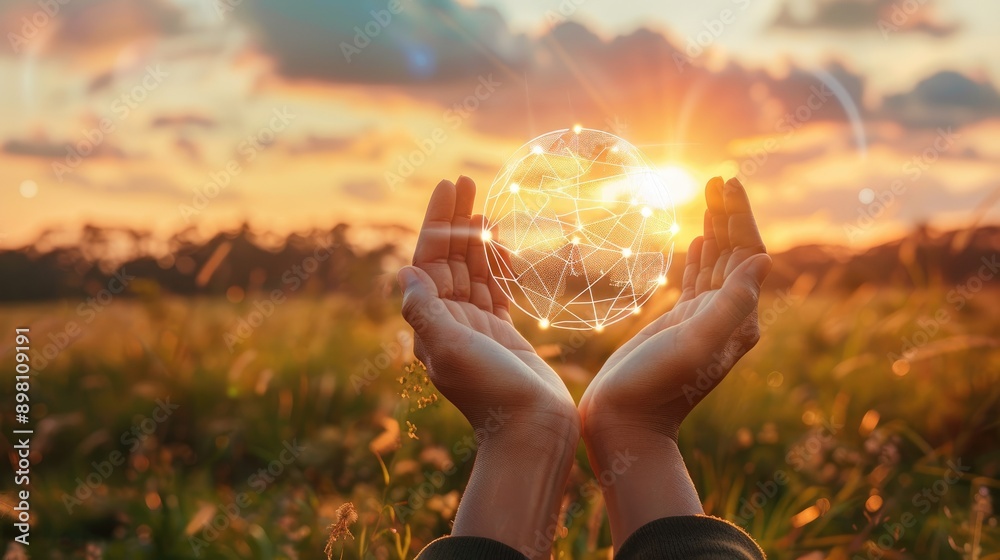 Poster global network connection and a globe in hands on sunset background, highlighting unity and intercon