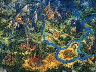 Obraz premium Fantasy map with mountains rivers forests and villages in vibrant colors