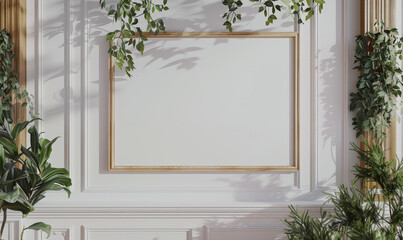 Elegant botanical frame with empty photo frame mockup on white w