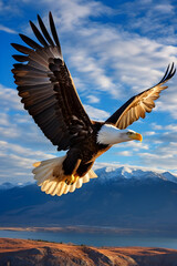 Obraz premium Majestic Eagle Soaring High in the Clear Blue Sky : A Display of Freedom and Dominance