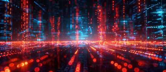 Futuristic Digital Data Stream with Glowing Red and Blue Lights in a Virtual Cyber Space